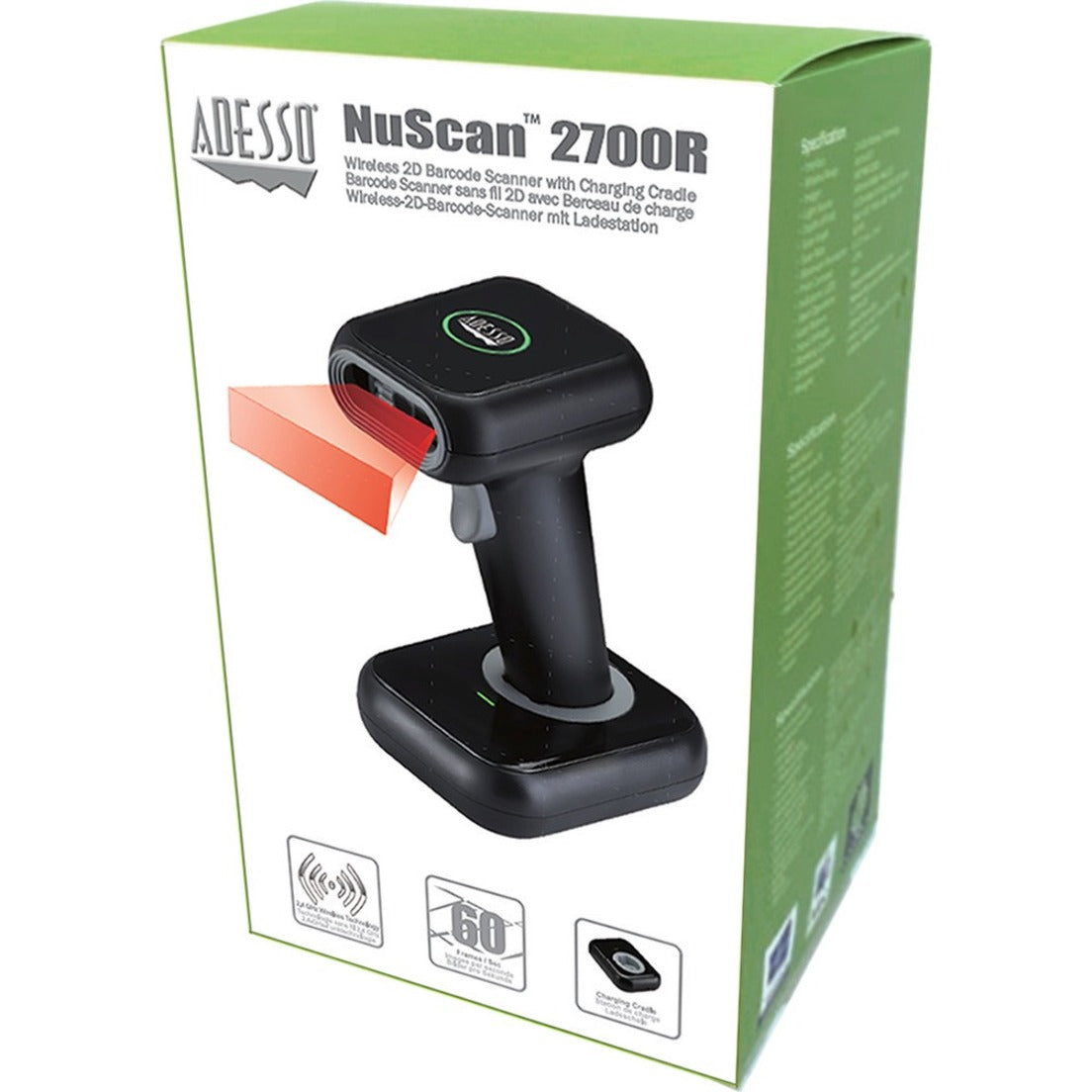 Adesso NuScan 2700R 2D Wireless Barcode Scanner with Charging Cradle