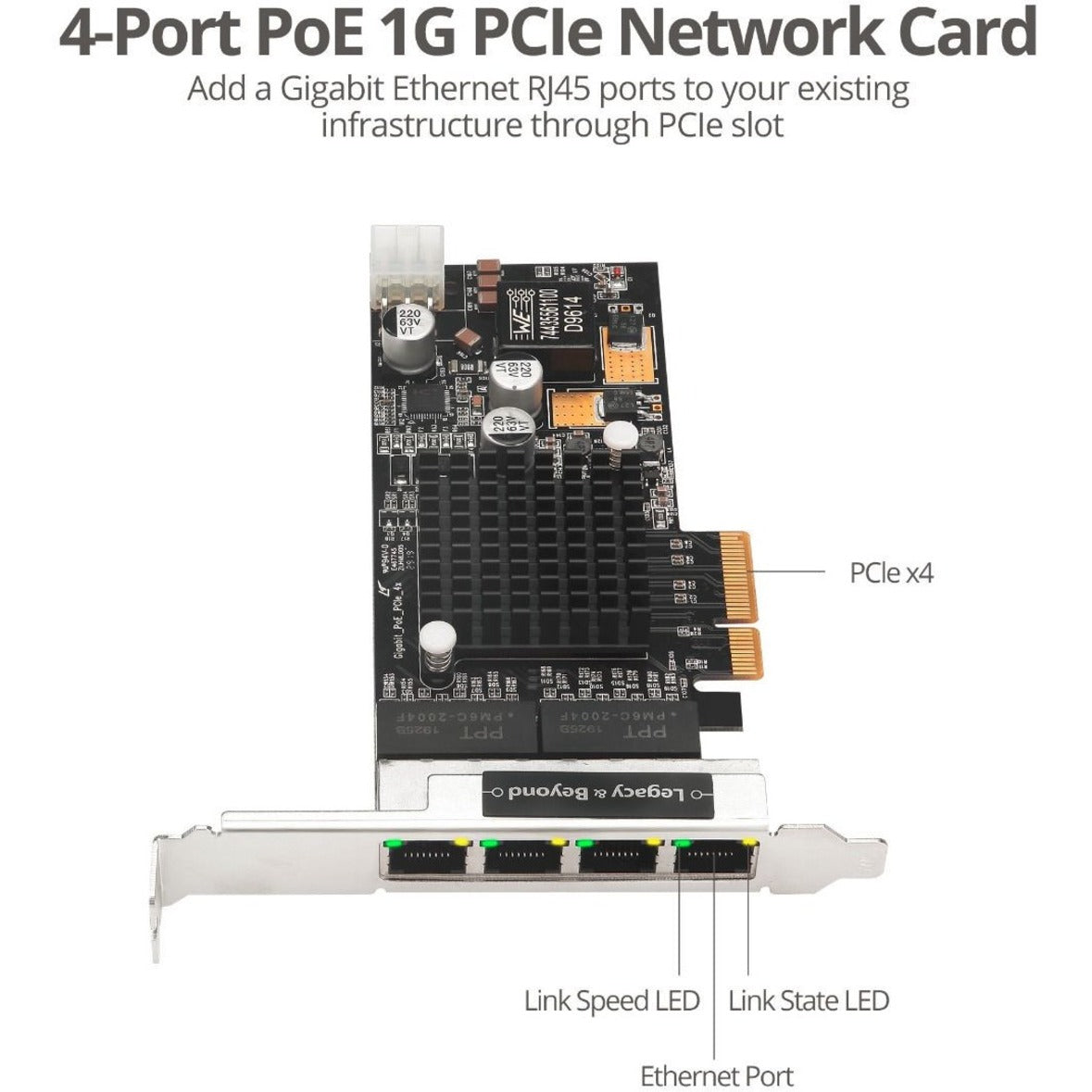 SIIG 4 Port Gigabit Ethernet with POE PCIe Card - Intel 350