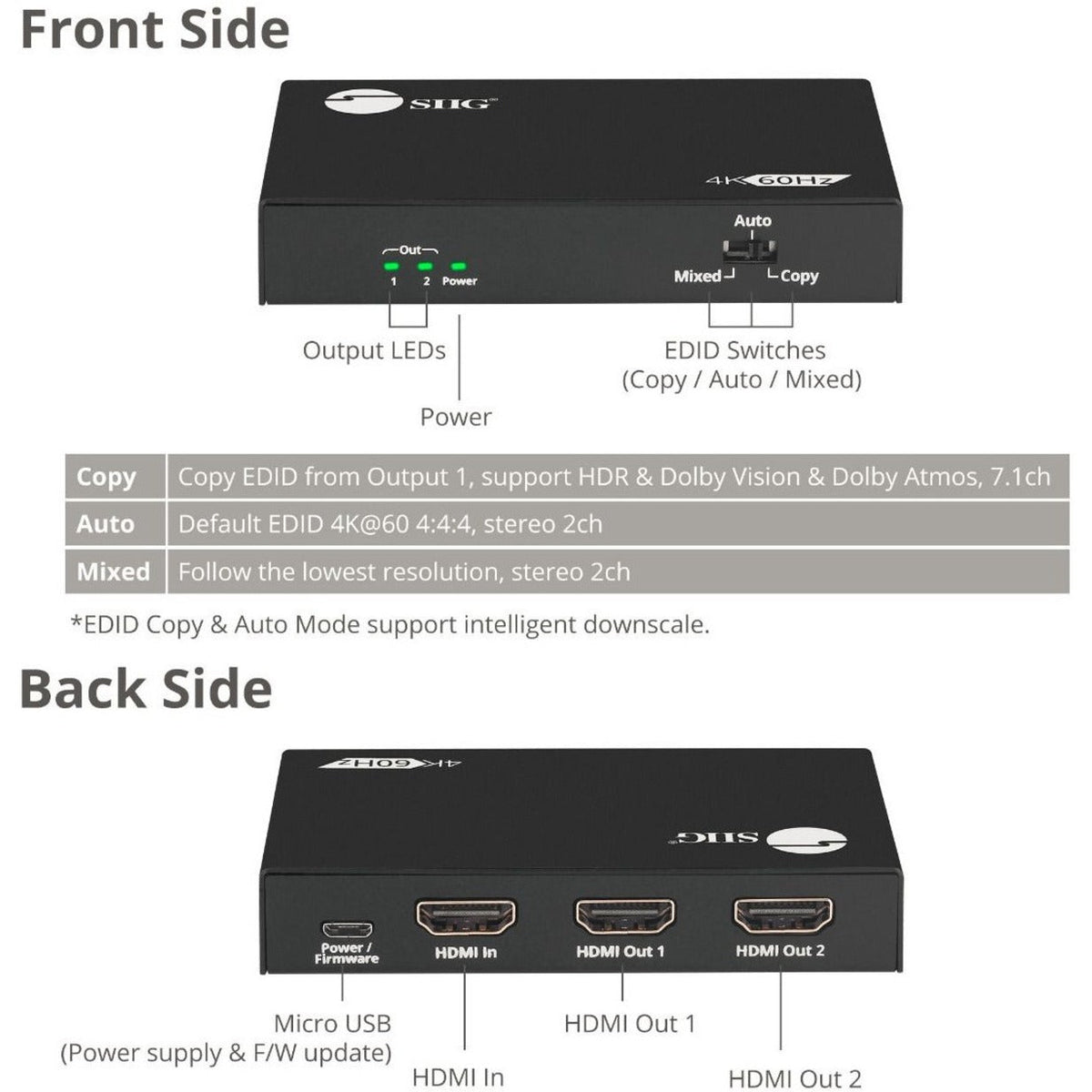SIIG 2 Port HDMI 2.0 4K @60Hz HDR Splitter with EDID & Downscaler