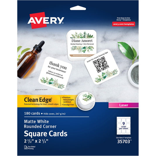Avery&reg; Clean Edge&reg; Printable Square Cards with Sure Feed Technology Rounded Corners 2.5" x 2.5"  White 180 Blank Cards for Laser Printers (35703)