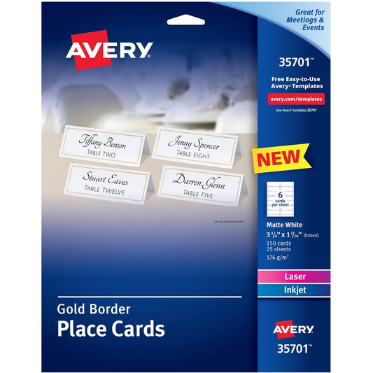 Avery&reg; Place Cards With Gold Border 1-7/16" x 3-3/4"  65 lbs. 150 Cards