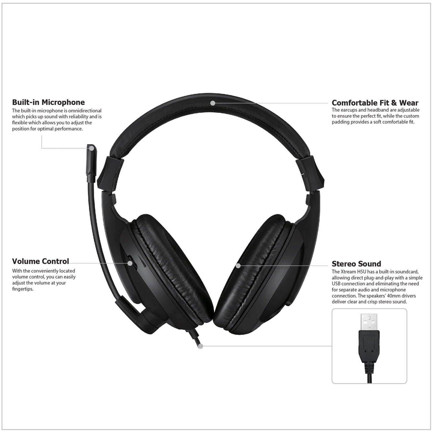 Adesso Xtream H5U - USB Stereo Headset with Microphone - Noise Cancelling - Wired- Lightweight