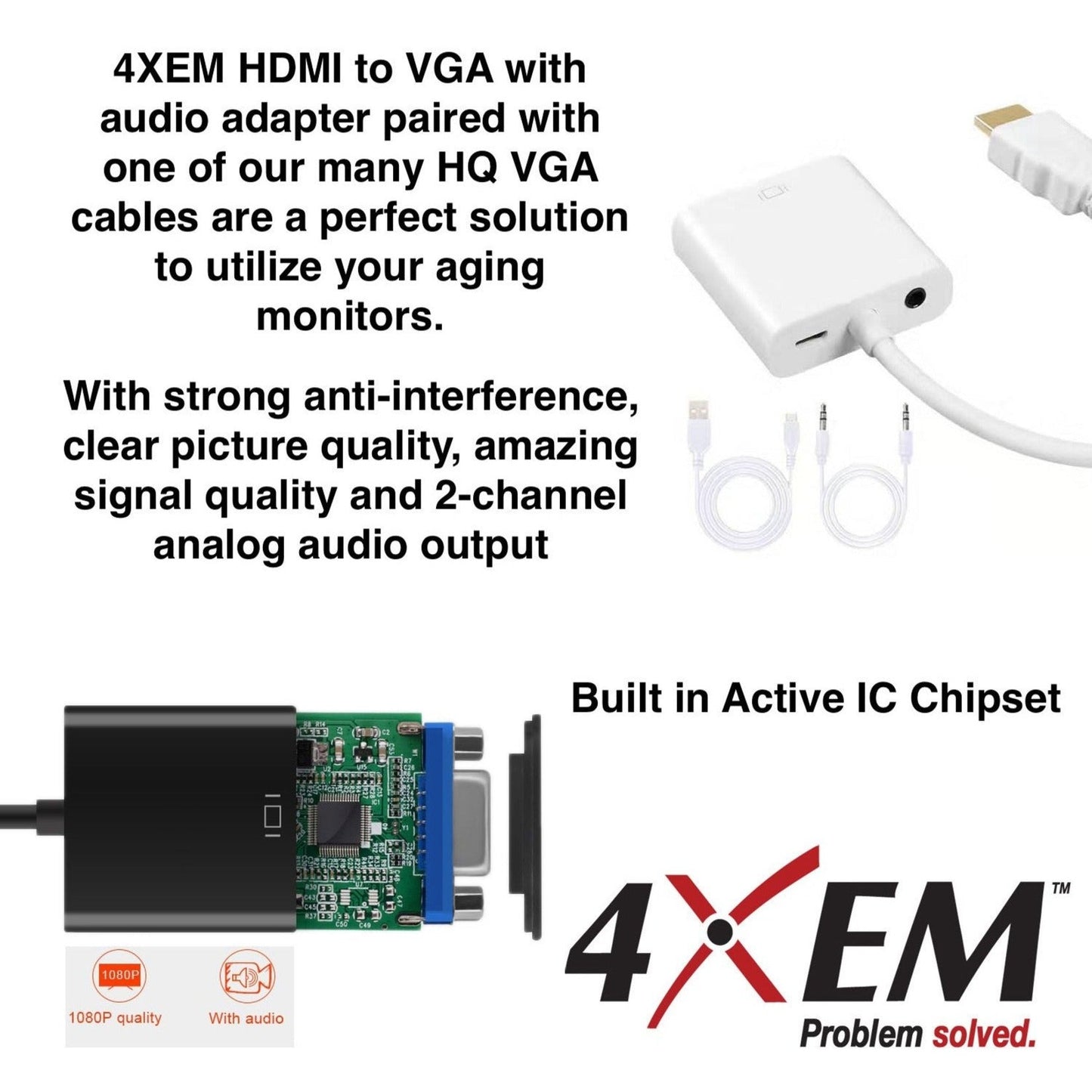 4XEM HDMI to VGA Adapter With 3.5mm Audio Cable and Power- White