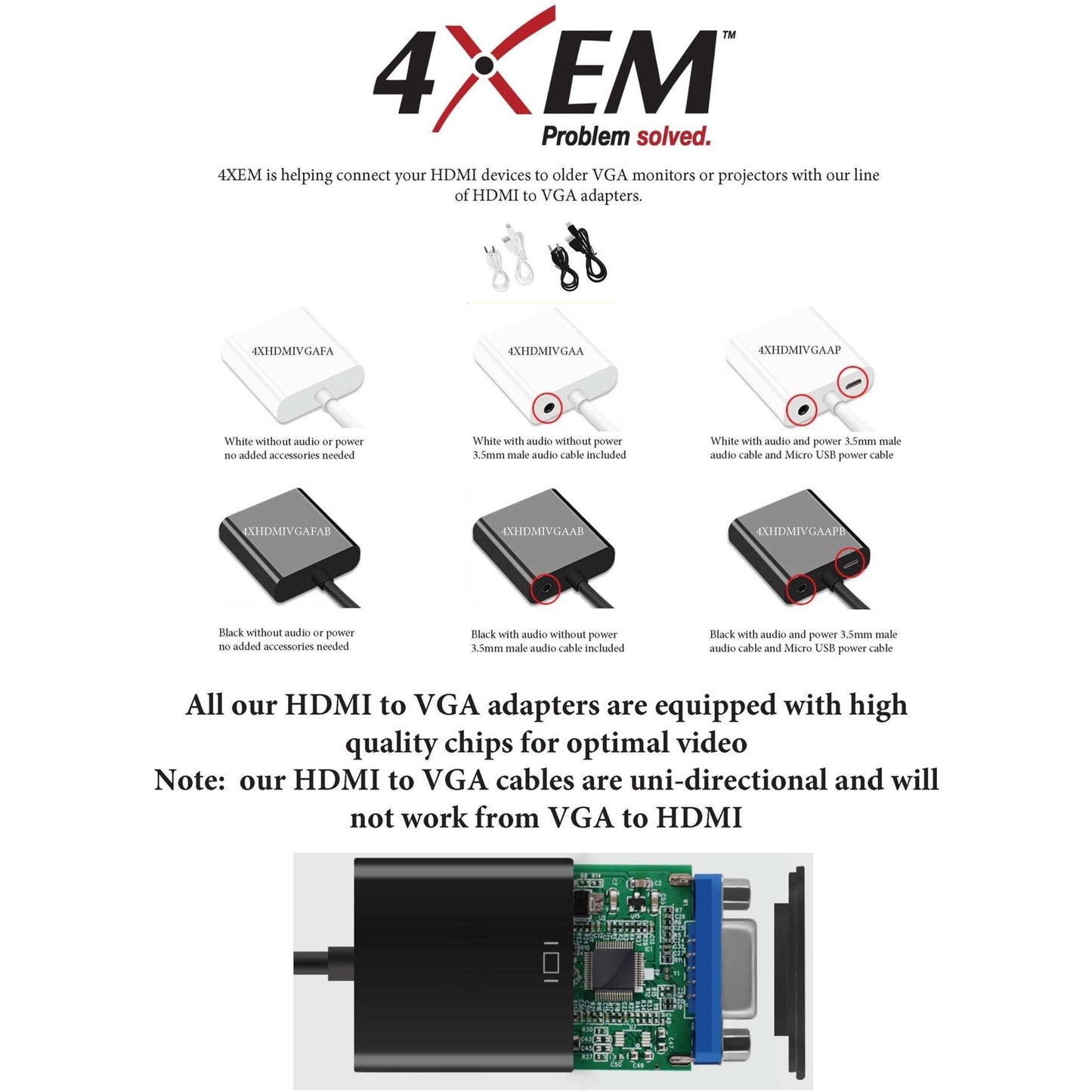 4XEM HDMI to VGA Adapter With 3.5mm Audio Cable and Power- White