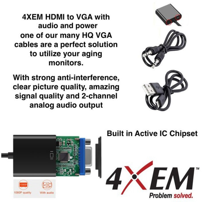 4XEM HDMI to VGA Adapter with Power and 3.5mm Audio Cable - Black