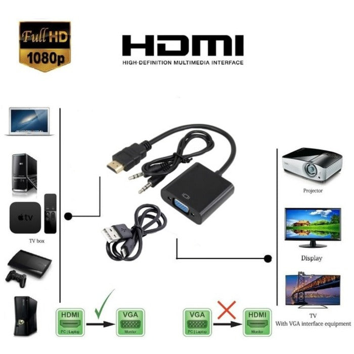 4XEM HDMI to VGA Adapter with Power and 3.5mm Audio Cable - Black