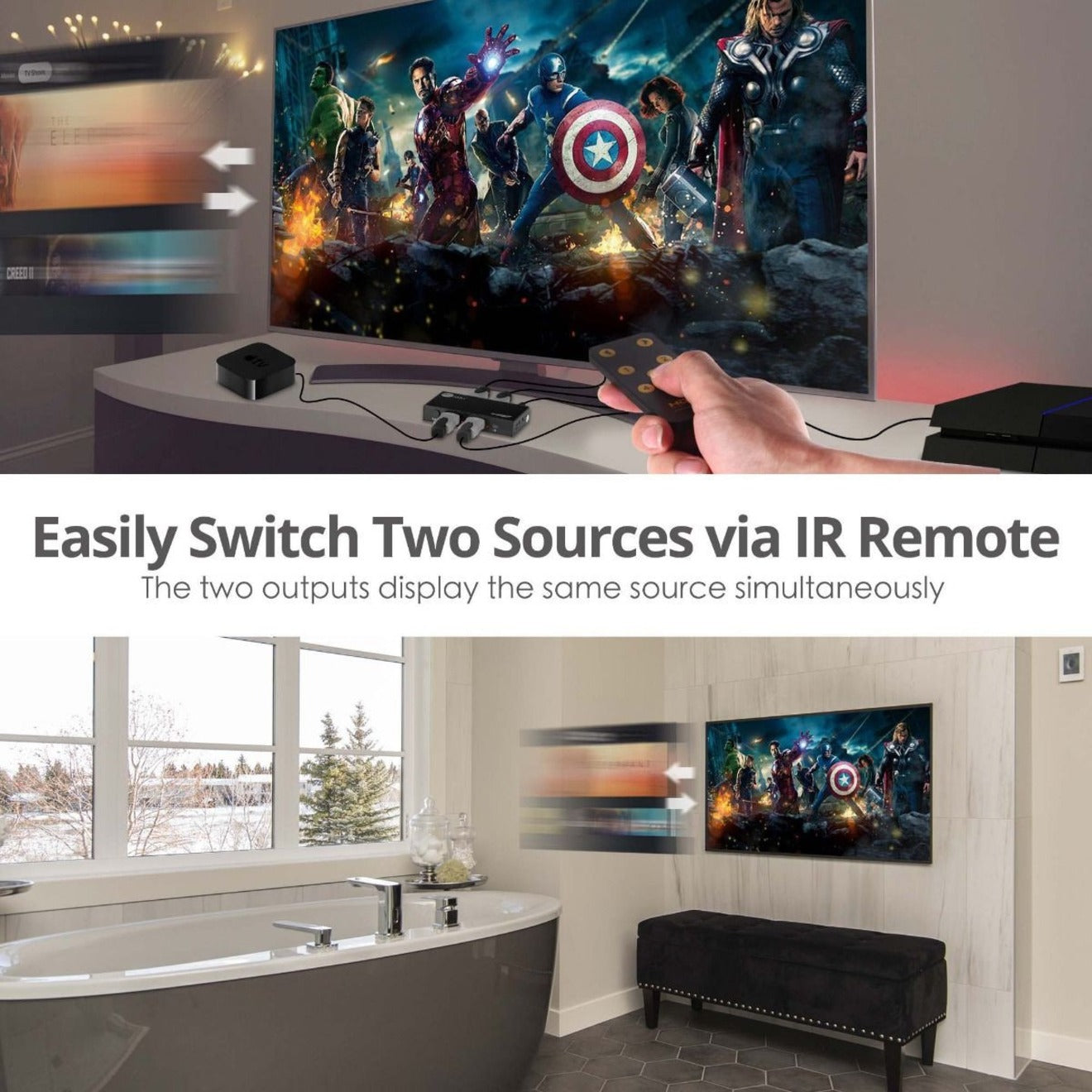 SIIG 2 Port HDMI 2.0 4K HDR Splitter / Switcher with IR Remote