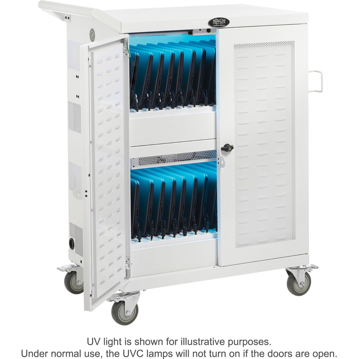 Tripp Lite Safe-IT Multi-Device UV Charging Cart Hospital-Grade 32 AC Outlets Laptops Chromebooks Antimicrobial White