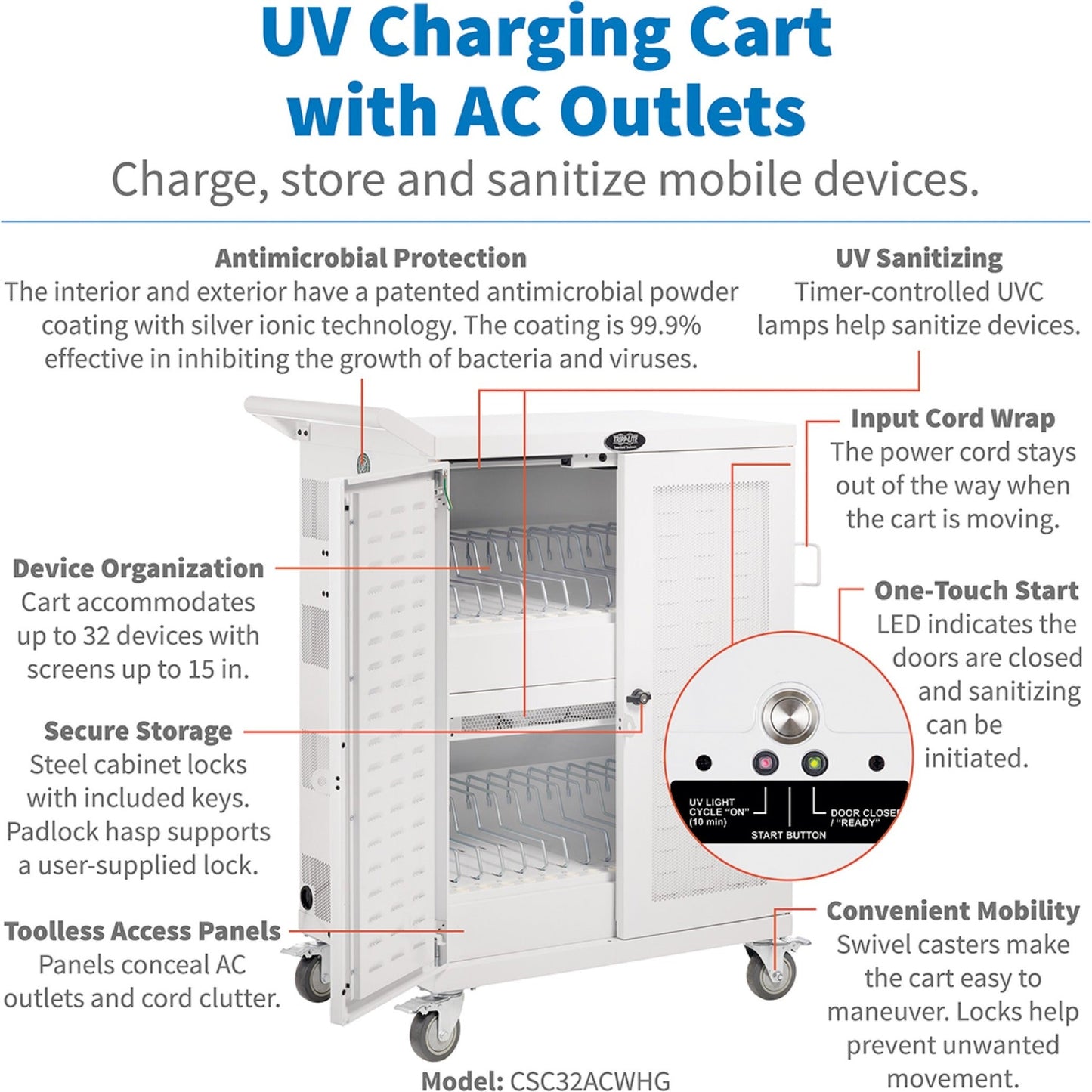 Tripp Lite Safe-IT Multi-Device UV Charging Cart Hospital-Grade 32 AC Outlets Laptops Chromebooks Antimicrobial White