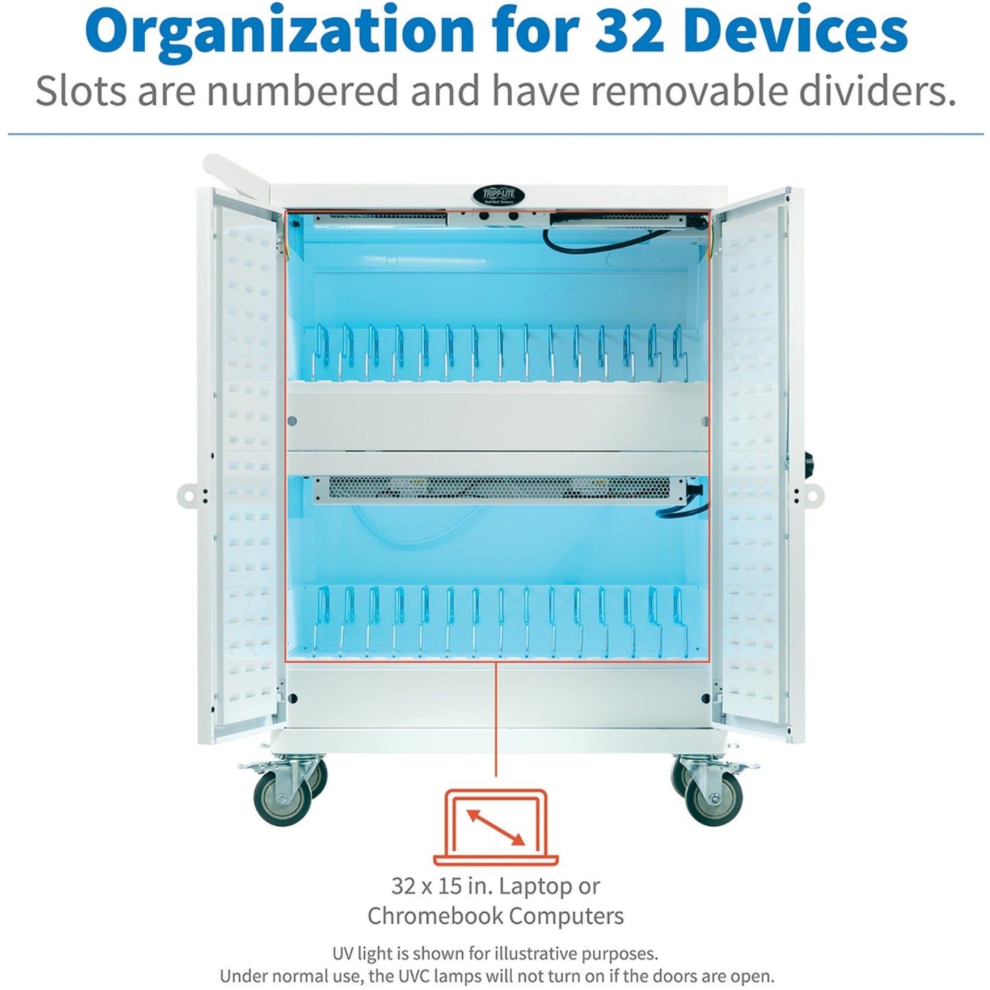 Tripp Lite Safe-IT Multi-Device UV Charging Cart Hospital-Grade 32 AC Outlets Laptops Chromebooks Antimicrobial White