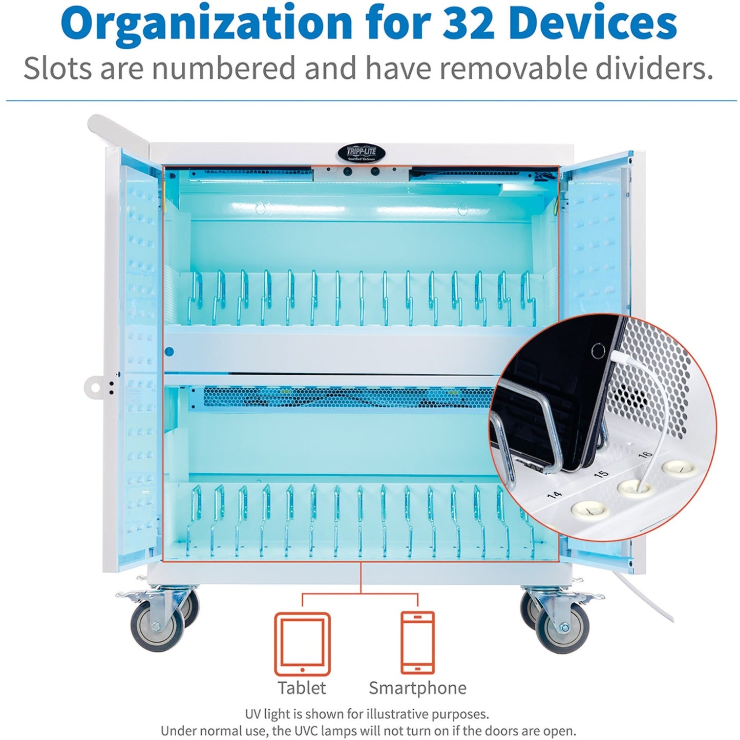 Tripp Lite Safe-IT Multi-Device UV Charging Cart Hospital-Grade 32 USB Ports iPad and Android Tablets Antimicrobial White