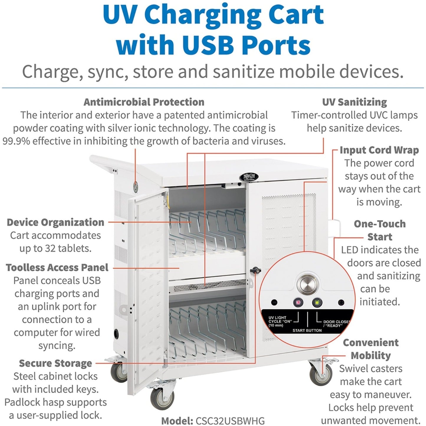 Tripp Lite Safe-IT Multi-Device UV Charging Cart Hospital-Grade 32 USB Ports iPad and Android Tablets Antimicrobial White