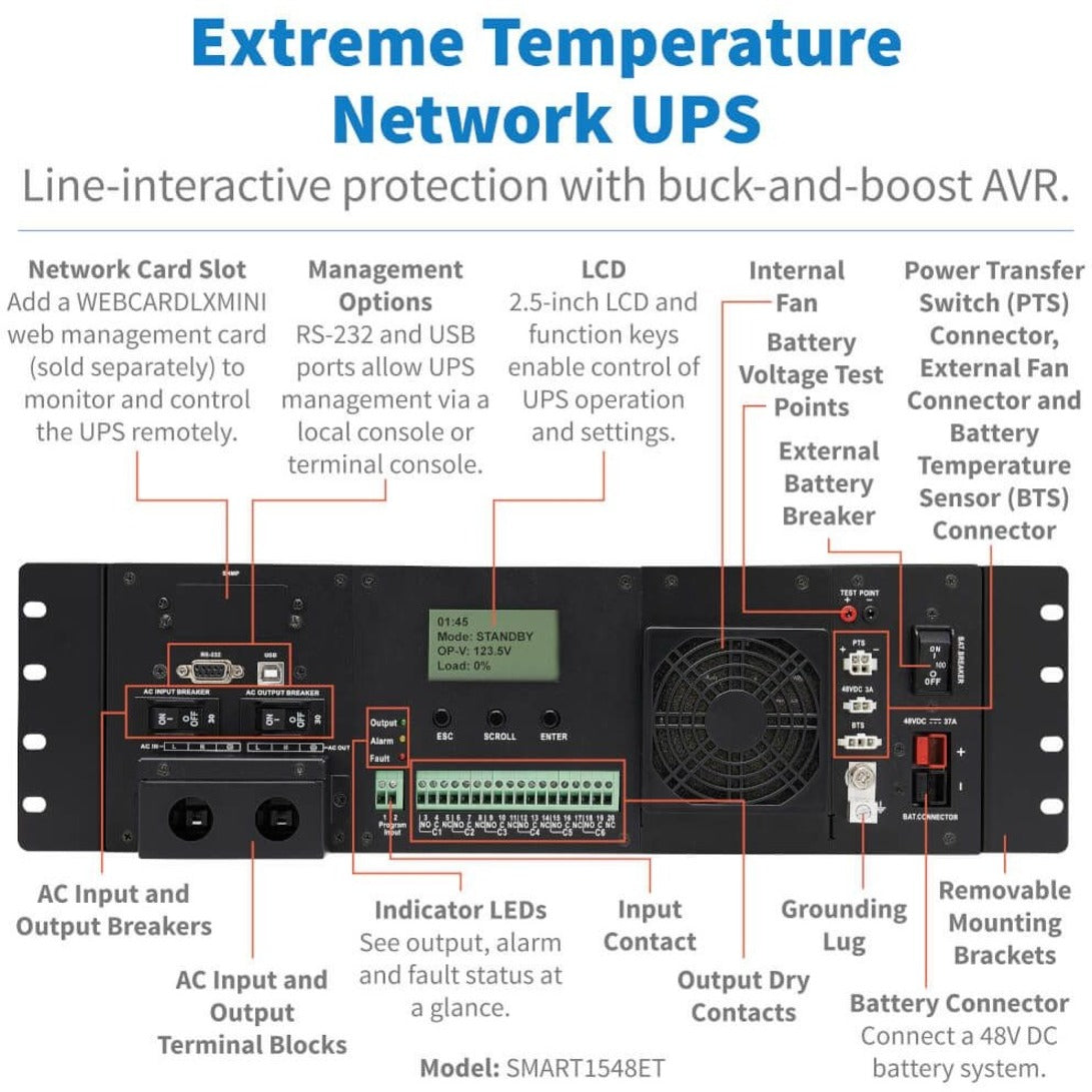 Tripp Lite UPS Smart 1500VA 1200W Extreme Temperature AVR 48VDC LCD USB 3U