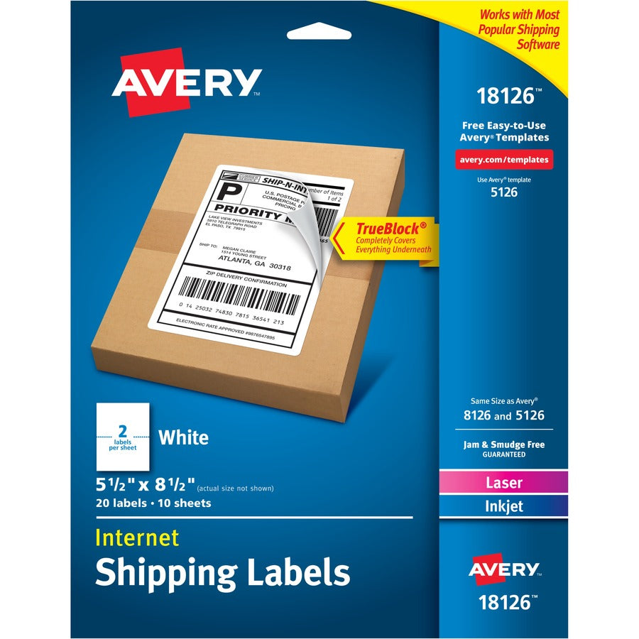 Avery&reg; Internet Shipping Labels TrueBlock&reg; Technology Permanent Adhesive 5-1/2" x 8-1/2"  20 Labels (18126)