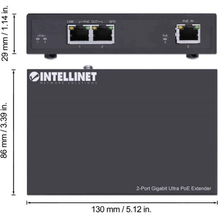 Intellinet 2-Port Gigabit Ultra PoE Extender Adds up to 100 m (328 ft.) to PoE Range PoE Power Budget 60 W Two PSE Ports with 30 W Output Each IEEE 802.3bt/at/af Compliant Metal Housing