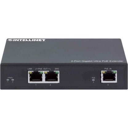 Intellinet 2-Port Gigabit Ultra PoE Extender Adds up to 100 m (328 ft.) to PoE Range PoE Power Budget 60 W Two PSE Ports with 30 W Output Each IEEE 802.3bt/at/af Compliant Metal Housing