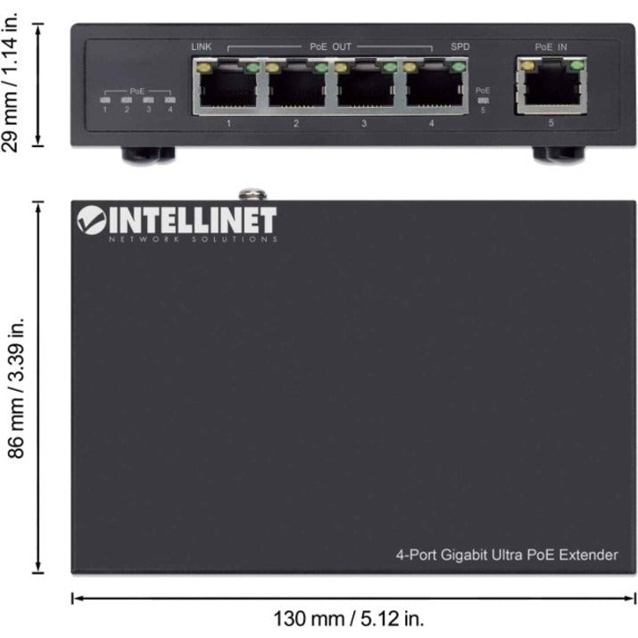 Intellinet 4-Port Gigabit Ultra PoE Extender Adds up to 100 m (328 ft.) to PoE Range 90 W PoE Power Budget Four PSE Ports with up to 30 W Output IEEE 802.3bt/at/af Compliant Metal Housing