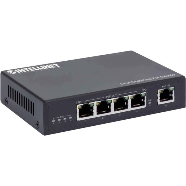 Intellinet 4-Port Gigabit Ultra PoE Extender Adds up to 100 m (328 ft.) to PoE Range 90 W PoE Power Budget Four PSE Ports with up to 30 W Output IEEE 802.3bt/at/af Compliant Metal Housing