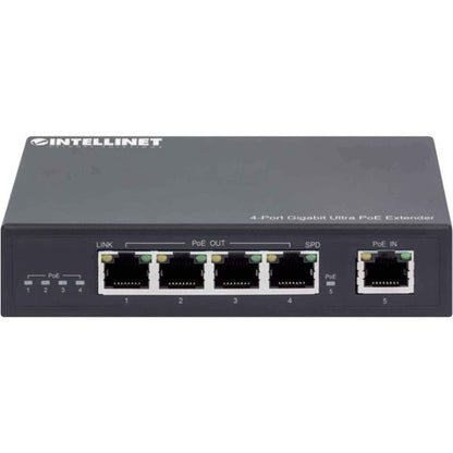 Intellinet 4-Port Gigabit Ultra PoE Extender Adds up to 100 m (328 ft.) to PoE Range 90 W PoE Power Budget Four PSE Ports with up to 30 W Output IEEE 802.3bt/at/af Compliant Metal Housing