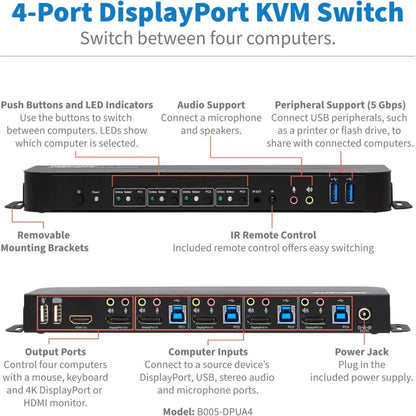 Tripp Lite 4-Port DisplayPort/USB KVM Switch 4K 60 Hz HDR HDCP 2.2 IR DP 1.4 USB Sharing