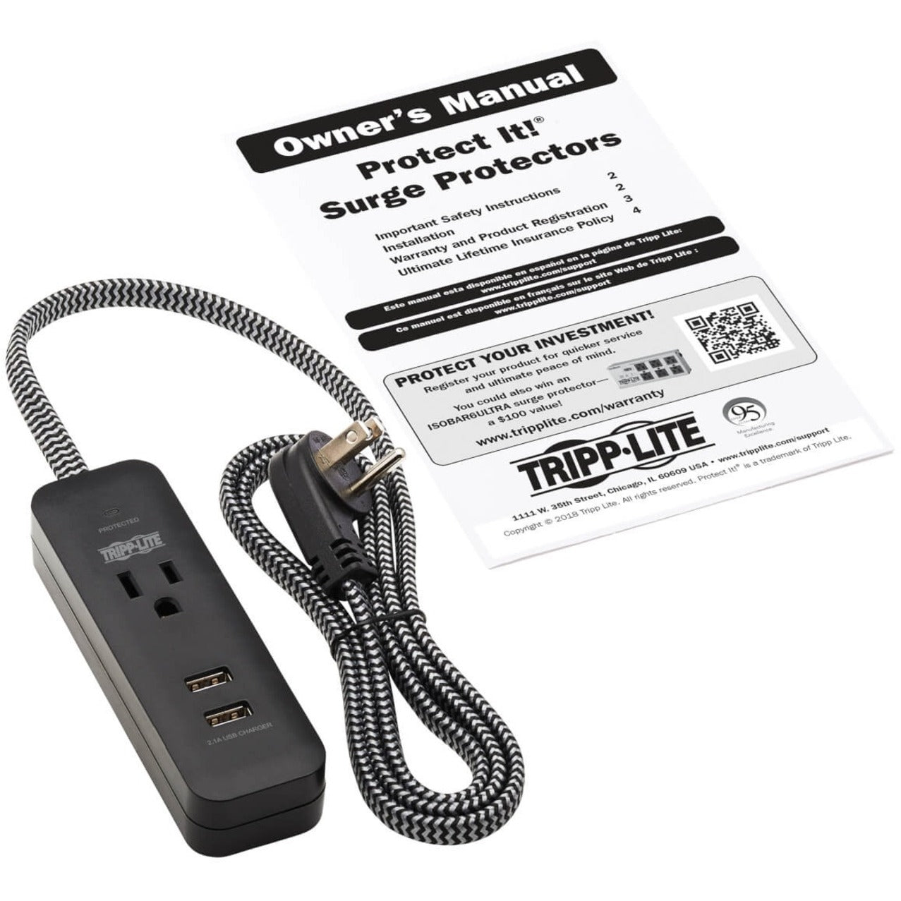 Tripp Lite 1-Outlet Surge Protector with 2 USB Ports (2.1A Shared) 4 ft. Cord 5-15P Plug 450 Joules Black