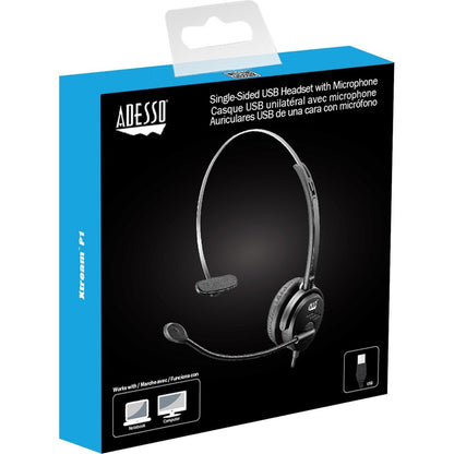 Adesso USB Single-Sided Headset with Adjustable Microphone- Noise Cancelling- Mono - USB - Wired - Over-the-head - 6 ft Cable - Omni-directional Microphone - Black