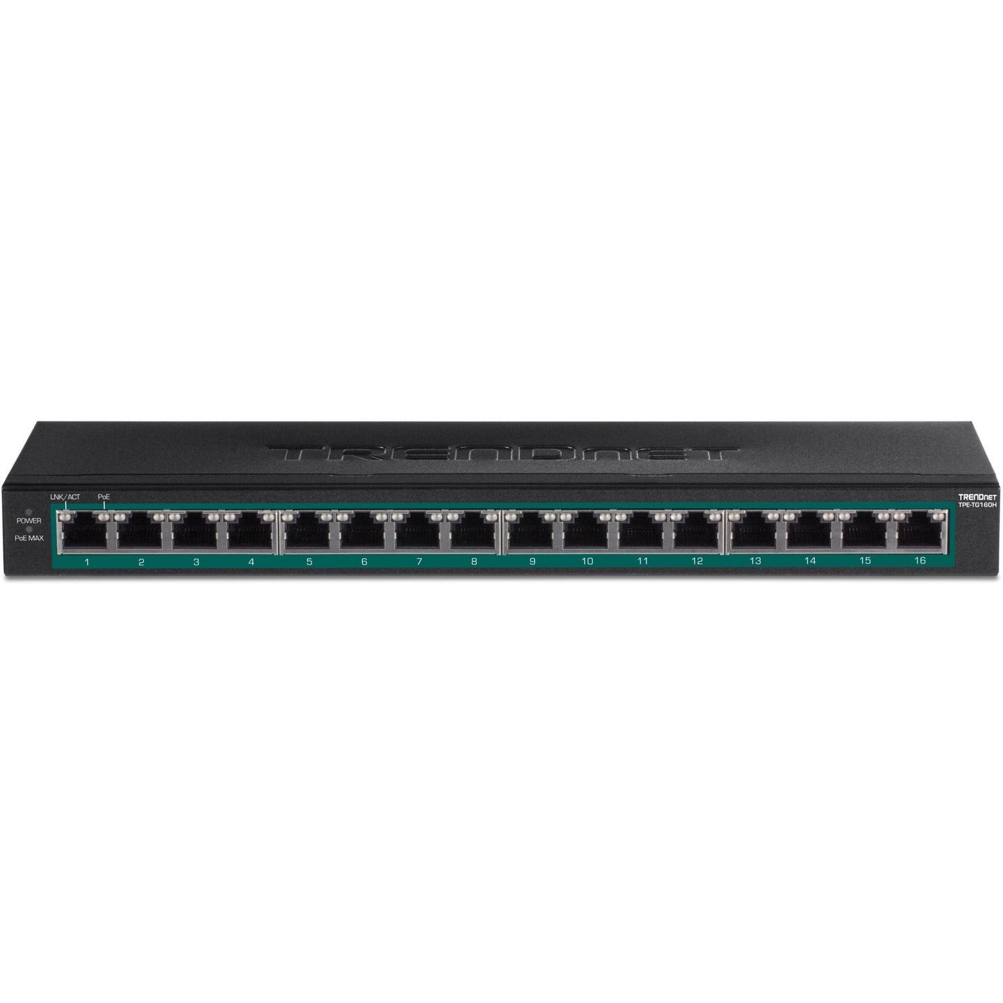 TRENDnet 16-Port Gigabit PoE+ Switch; TPE-TG160H; 123W PoE Power Budget; 32 Gbps Switching Capacity; Desktop Switch; Ethernet Network Switch; Metal; 1U 10" Rack Mountable; Lifetime Protection