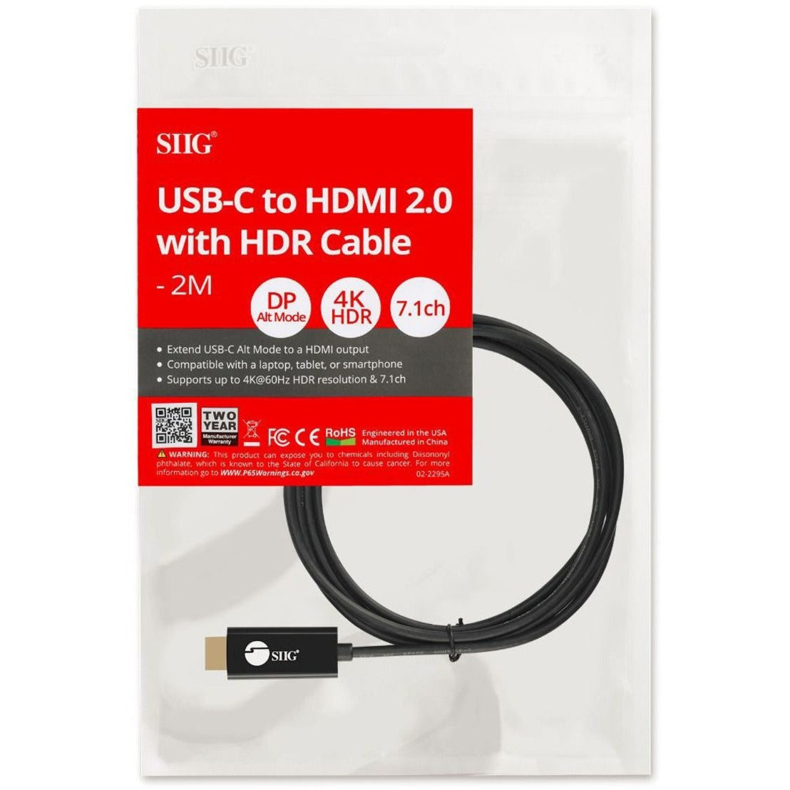 SIIG USB-C to 4K60Hz HDR HDMI 2.0 Active Cable - 2M