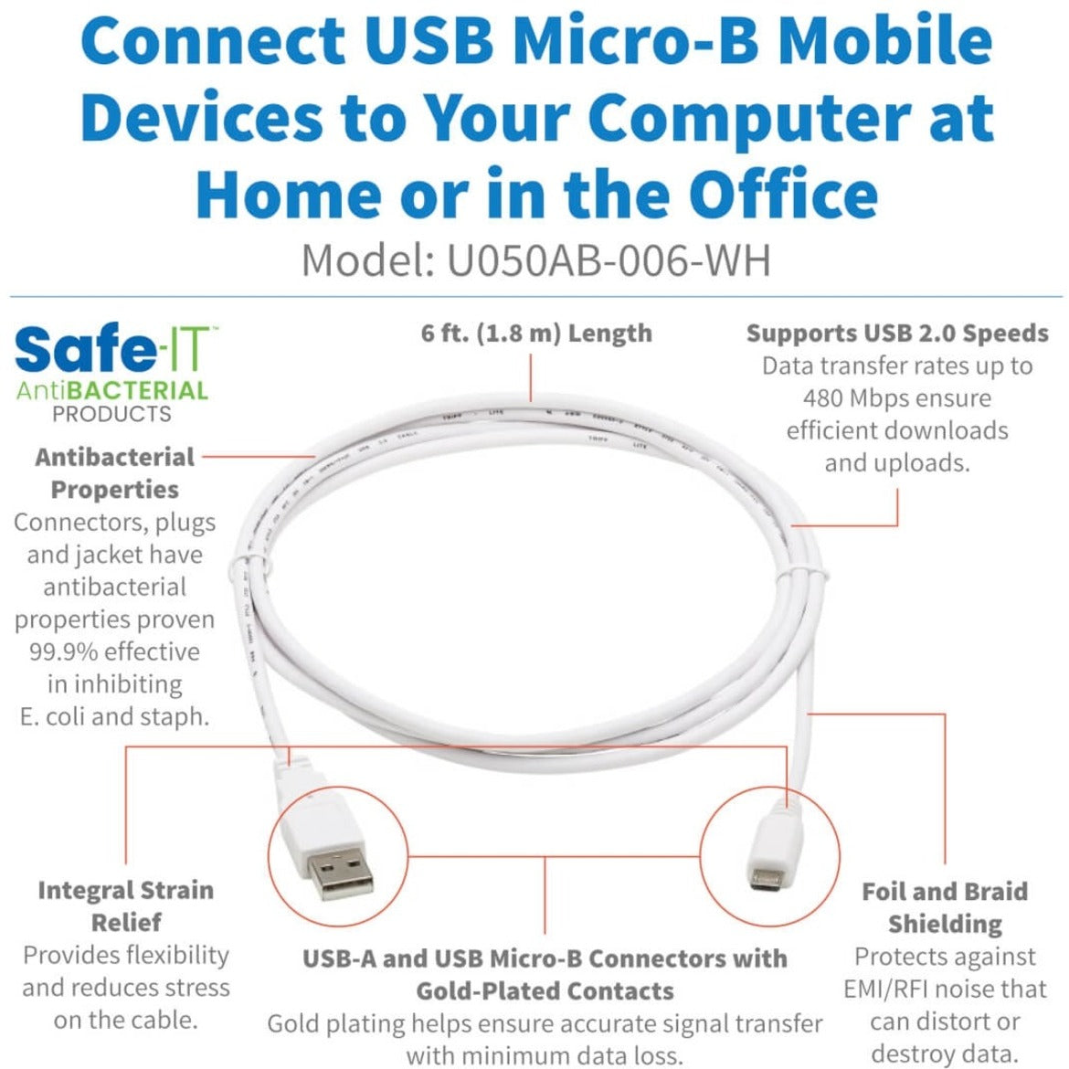 Tripp Lite Safe-IT USB-A to USB Micro-B Antibacterial Cable (M/M) USB 2.0 White 6 ft.