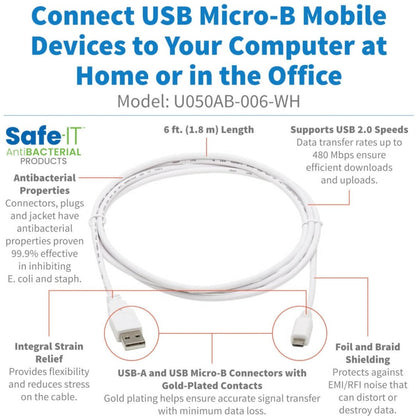 Tripp Lite Safe-IT USB-A to USB Micro-B Antibacterial Cable (M/M) USB 2.0 White 6 ft.