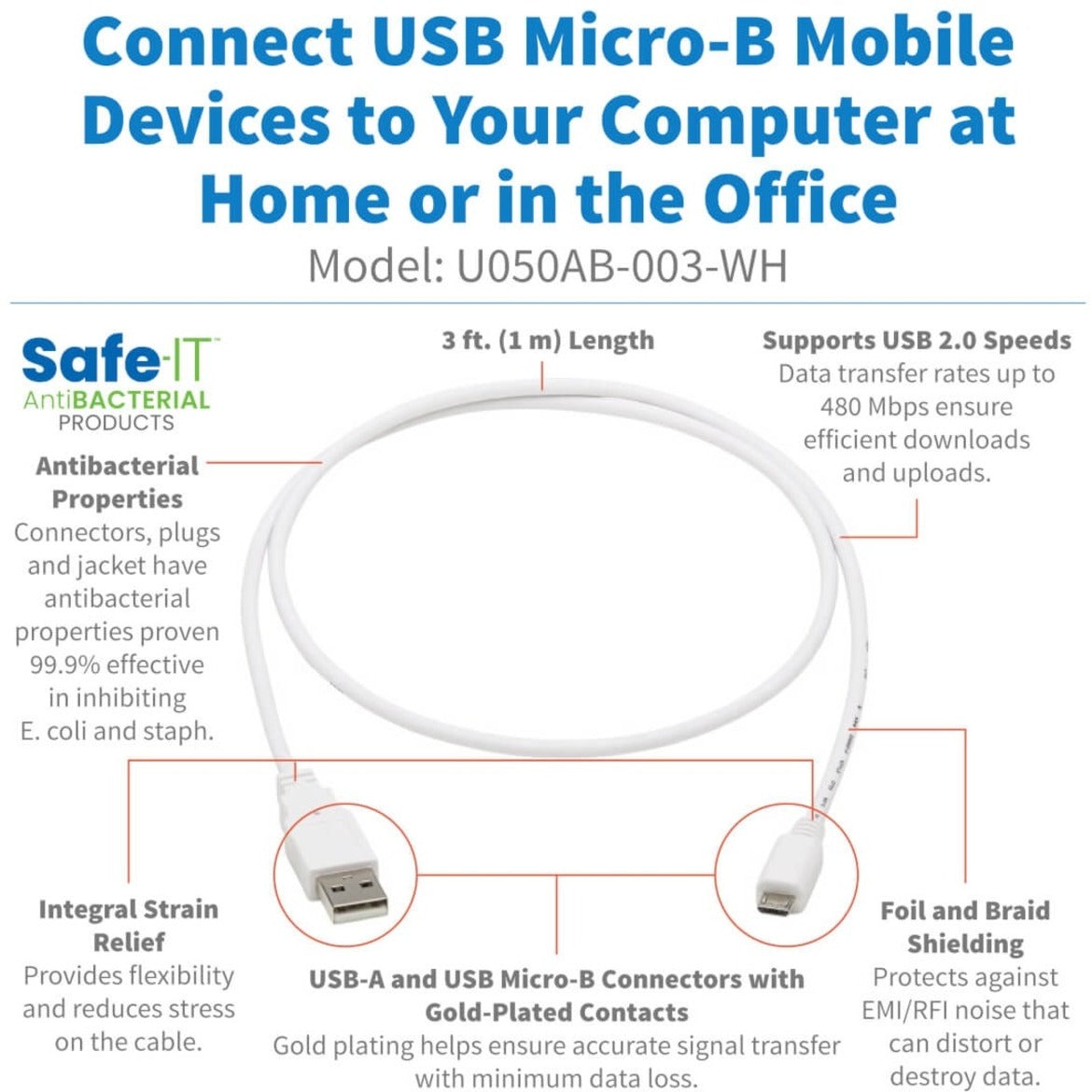 Tripp Lite Safe-IT USB-A to USB Micro-B Antibacterial Cable (M/M) USB 2.0 White 3 ft.