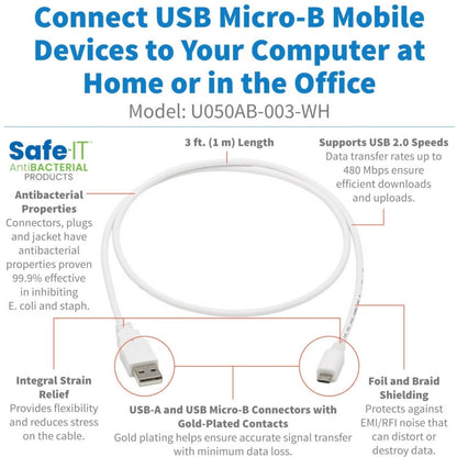 Tripp Lite Safe-IT USB-A to USB Micro-B Antibacterial Cable (M/M) USB 2.0 White 3 ft.