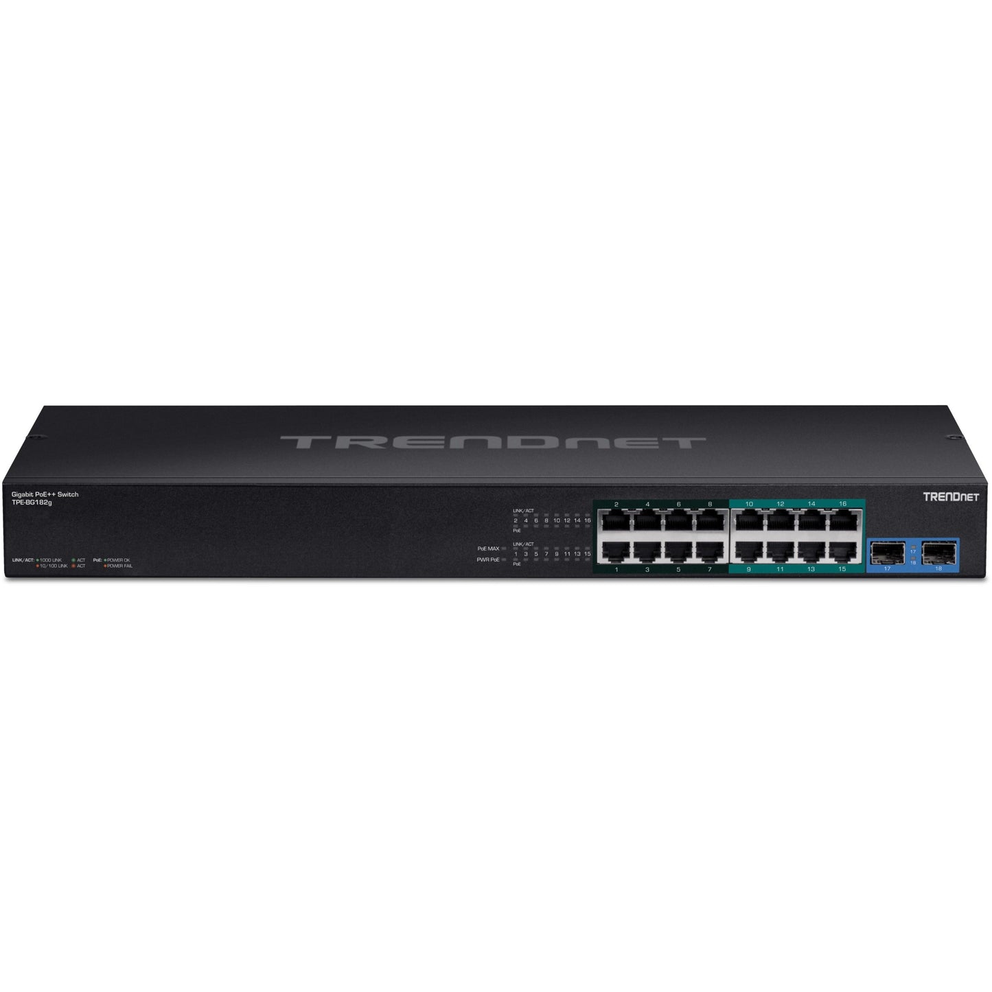 TRENDnet TPE-BG182g 18-Port Gigabit 470W PoE++ Switch with 8 x 95W PoE++ Ports 8 x 30W PoE+ Ports 2 Gigabit SFP Slots470W PoE Budget 1U 19" Rack Mountable