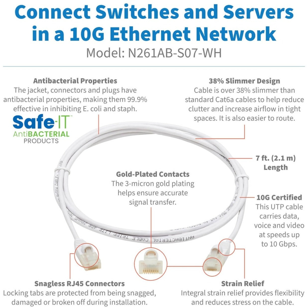 Tripp Lite Safe-IT Cat6a 10G Snagless Antibacterial Slim UTP Ethernet Cable (RJ45 M/M) White 7 ft. (2.13 m)