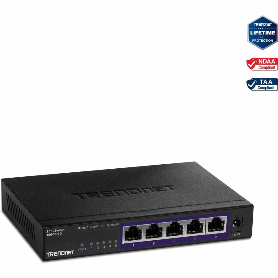TRENDnet 5-Port Unmanaged 2.5G Switch 5 x 2.5GBASE-T Ports 25Gbps Switching Capacity Backwards Compatible with 1000Mbps Devices Fanless Wall Mountable Black TEG-S350
