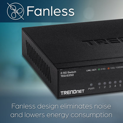 TRENDnet 5-Port Unmanaged 2.5G Switch 5 x 2.5GBASE-T Ports 25Gbps Switching Capacity Backwards Compatible with 1000Mbps Devices Fanless Wall Mountable Black TEG-S350