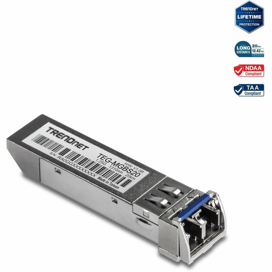 TRENDnet SFP Single Mode LC Module (20km/ 12.4 mi) TEG-MGBS20 Data Rates up to 1.25Gbps 1310nm Single Mode IEEE 802.3z Gigabit Ethernet ANSI Fiber Channel Compliant Lifetime Protection