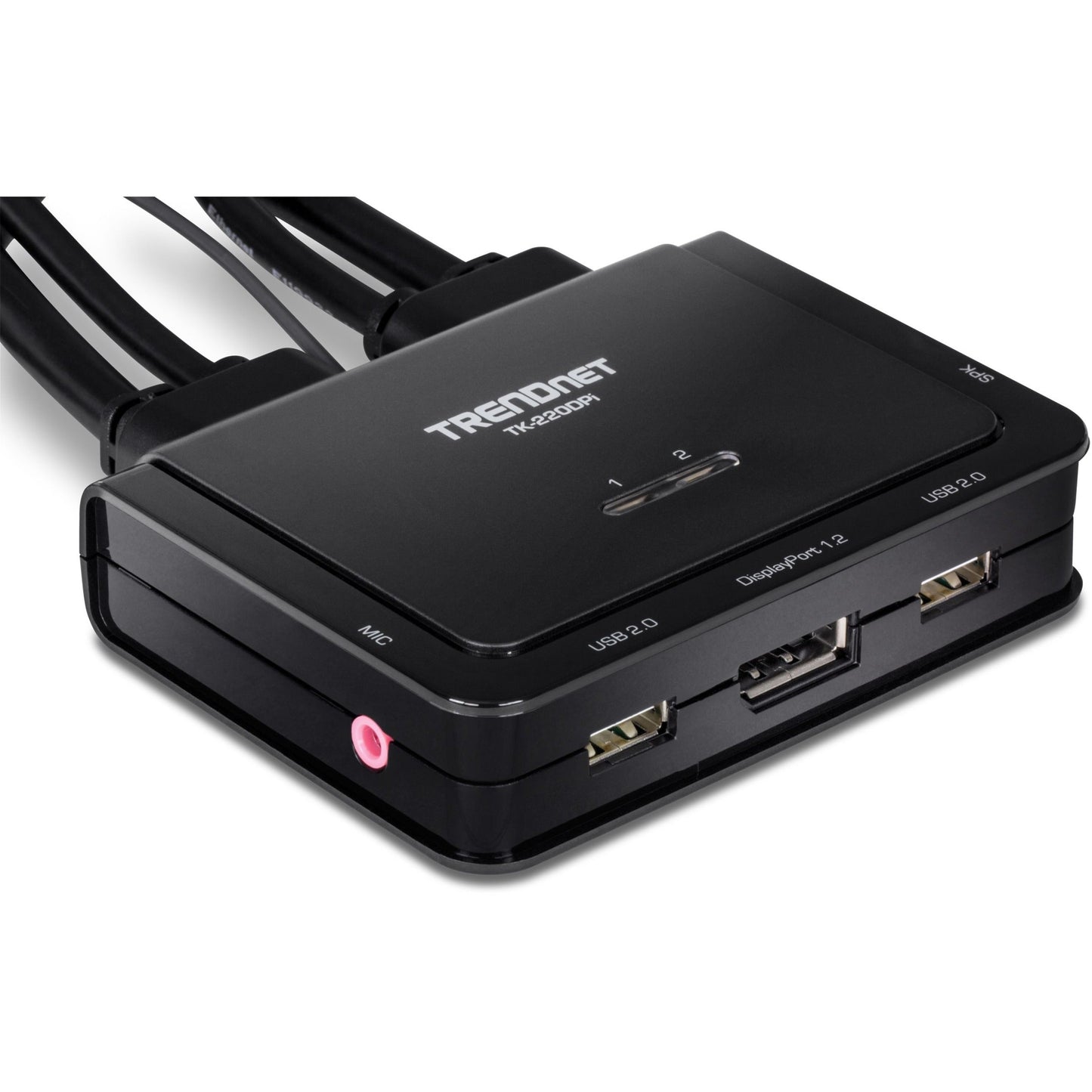 TRENDnet 2-Port 4K DisplayPort 1.2 KVM Switch with Audio 4K UHD (3840 x 2160@60Hz) 3.5mm Speaker/Microphone USB 2.0 Integrated Cables Black TK-220DPI