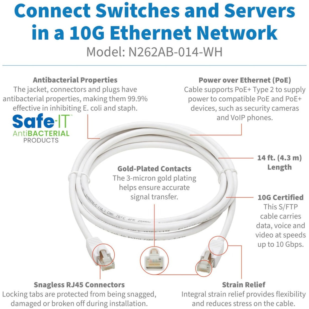 Tripp Lite Safe-IT Cat6a 10G Snagless Antibacterial S/FTP Ethernet Cable (RJ45 M/M) PoE White 14 ft. (4.27 m)