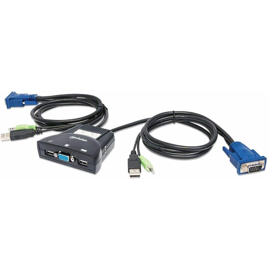 Manhattan KVM Switch Mini 2-Port 2x USB-A Cables included Audio Support Control 2x computers from one pc/mouse/screen Black Lifetime Warranty Boxed