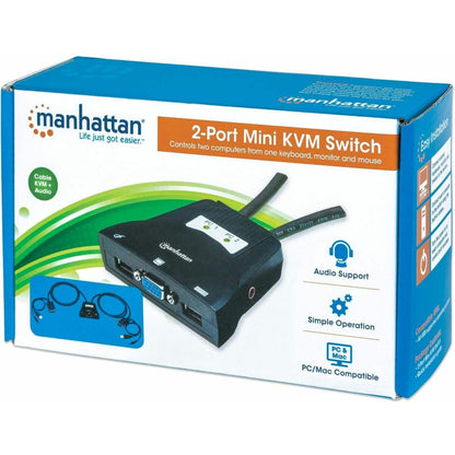 Manhattan KVM Switch Mini 2-Port 2x USB-A Cables included Audio Support Control 2x computers from one pc/mouse/screen Black Lifetime Warranty Boxed