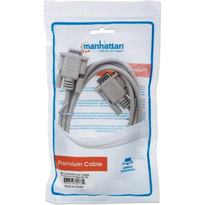 Manhattan VGA HD15 Monitor Cable 1.8m Male to Male Grey Fully Shielded Polybag