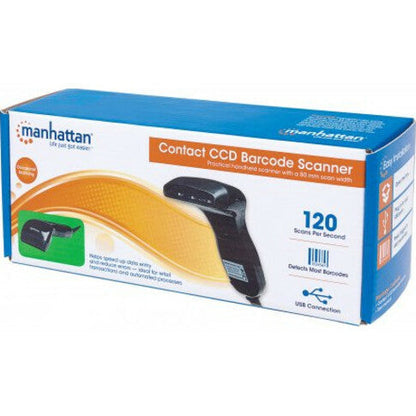 Manhattan Contact CCD Handheld Barcode Scanner USB 80mm Scan Width Cable 152cm Max Ambient Light: 3000 lux (sunlight) Black Three Year Warranty Box