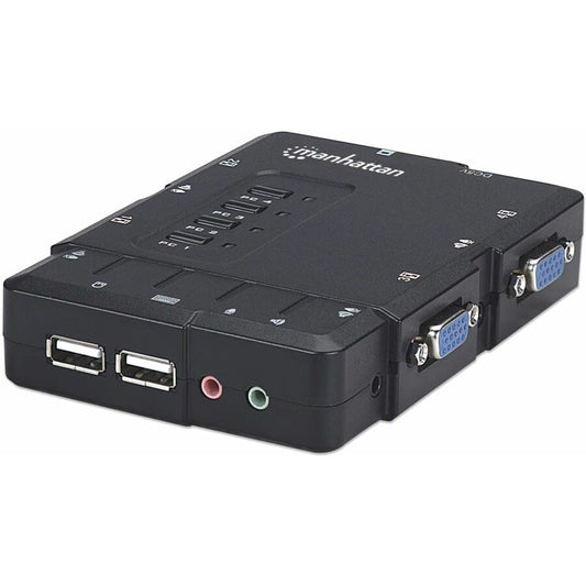 Manhattan KVM Switch Compact 4-Port 4x USB-A Cables included Audio Support Control 4x computers from one pc/mouse/screen Black Lifetime Warranty Boxed