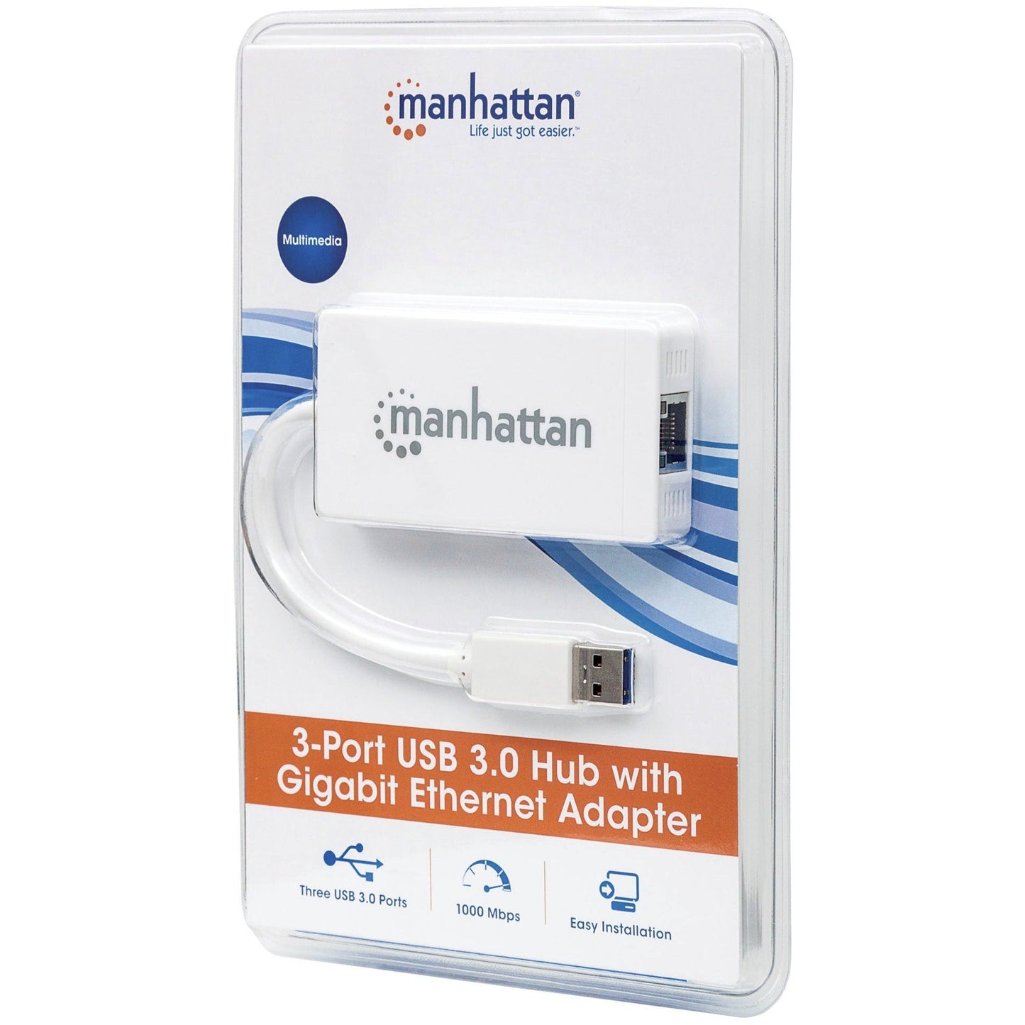 Manhattan 3-Port USB 3.0 Hub with Gigabit Ethernet Adapter