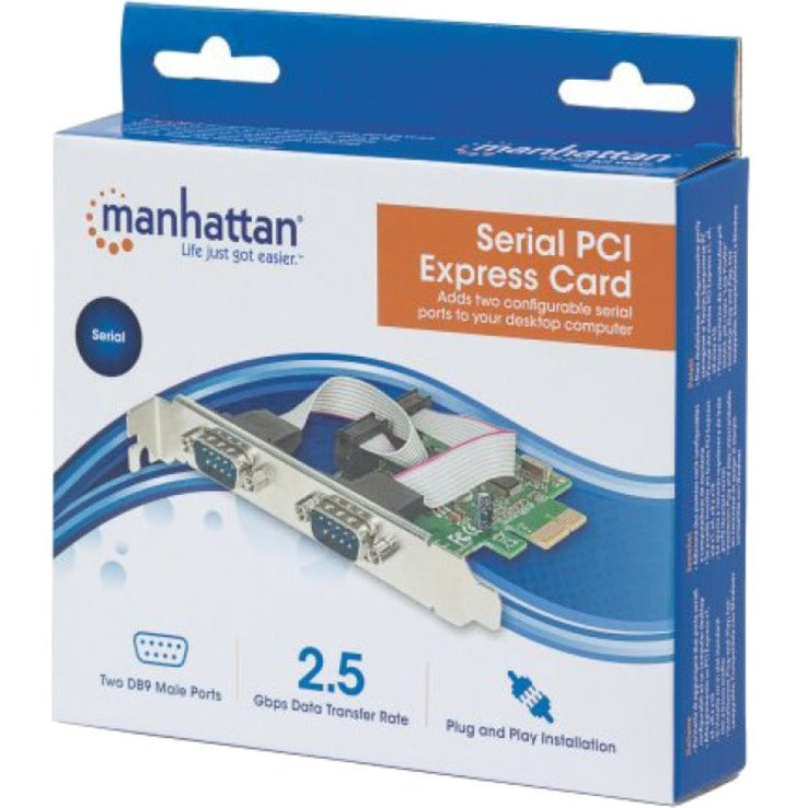 Manhattan PCI Express Card 2x Serial DB9 ports 2.5 Mbps x1 x4 x8 x16 lane buses Standard/Low Profile PCI Three Year Warranty Box