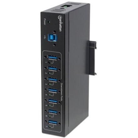 Manhattan USB-A 7-Port Hub Industrial 7x USB-A Ports 5 Gbps (USB 3.2 Gen1 aka USB 3.0) 20 kV ESD Protection A/C Bus and Terminal-Block Power Options DIN Rail Wall Mountable Metal Housing Screw-Lock Security SuperSpeed USB Black Three Year Warranty Box