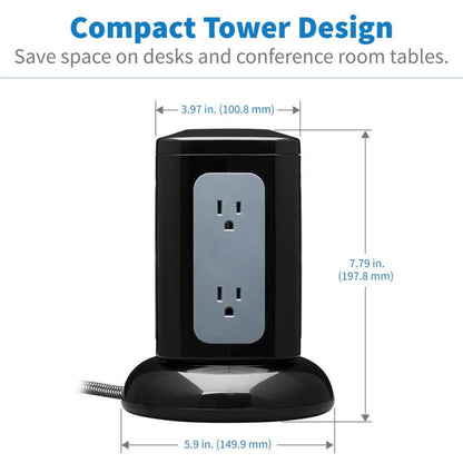 Tripp Lite 6-Outlet Surge Protector Tower 3x USB-A 1x USB-C 8 ft. Cord 5-15P Plug 1800 Joules Black