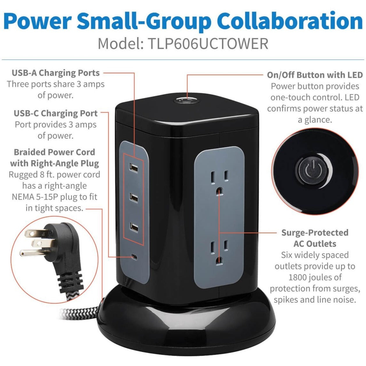 Tripp Lite 6-Outlet Surge Protector Tower 3x USB-A 1x USB-C 8 ft. Cord 5-15P Plug 1800 Joules Black