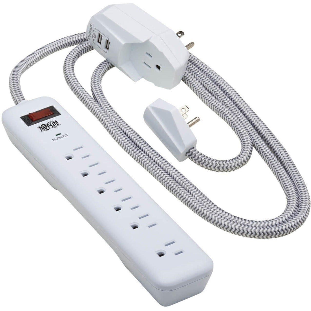 Tripp Lite 7-Outlet Surge Protector 6 on strip/1 in detachable plug 2 USB Ports (2.4A Shared) Detachable Charger Plug 6 ft. Cord 5-15P Plug 900 Joules White